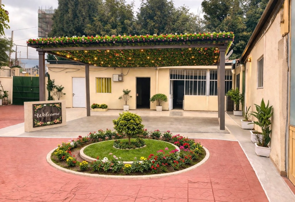 Welcome area at Enat Nursing Home with pergola, welcome sign, and landscaped garden in Addis Ababa