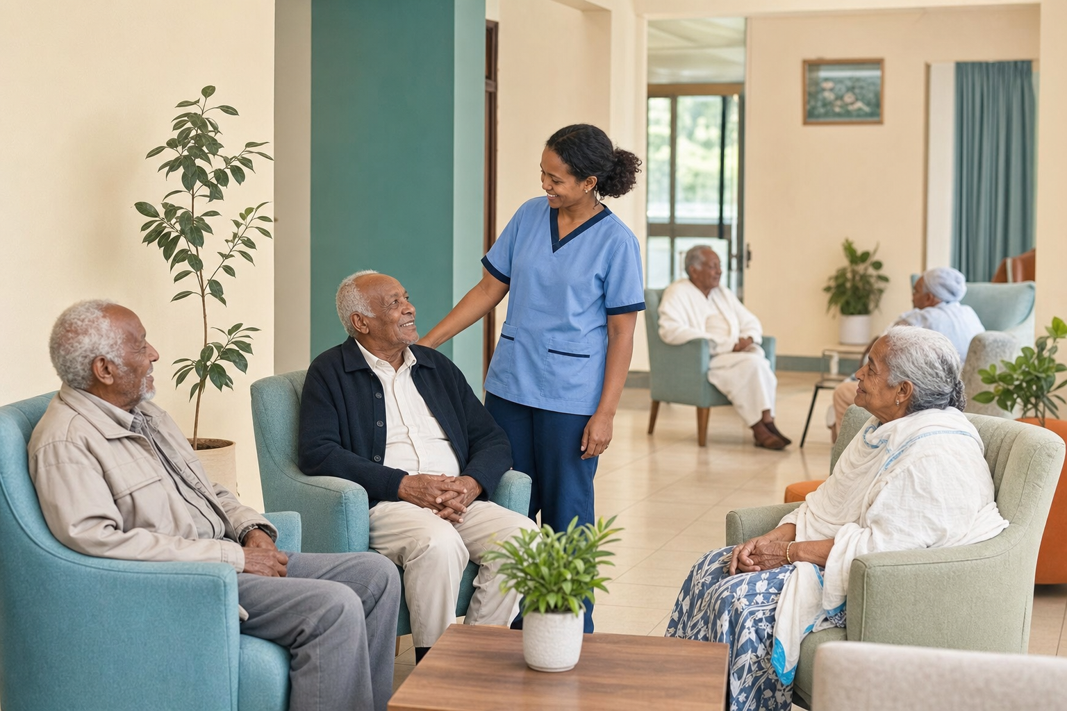 Nursing home common sitting area with comfortable chairs and plants