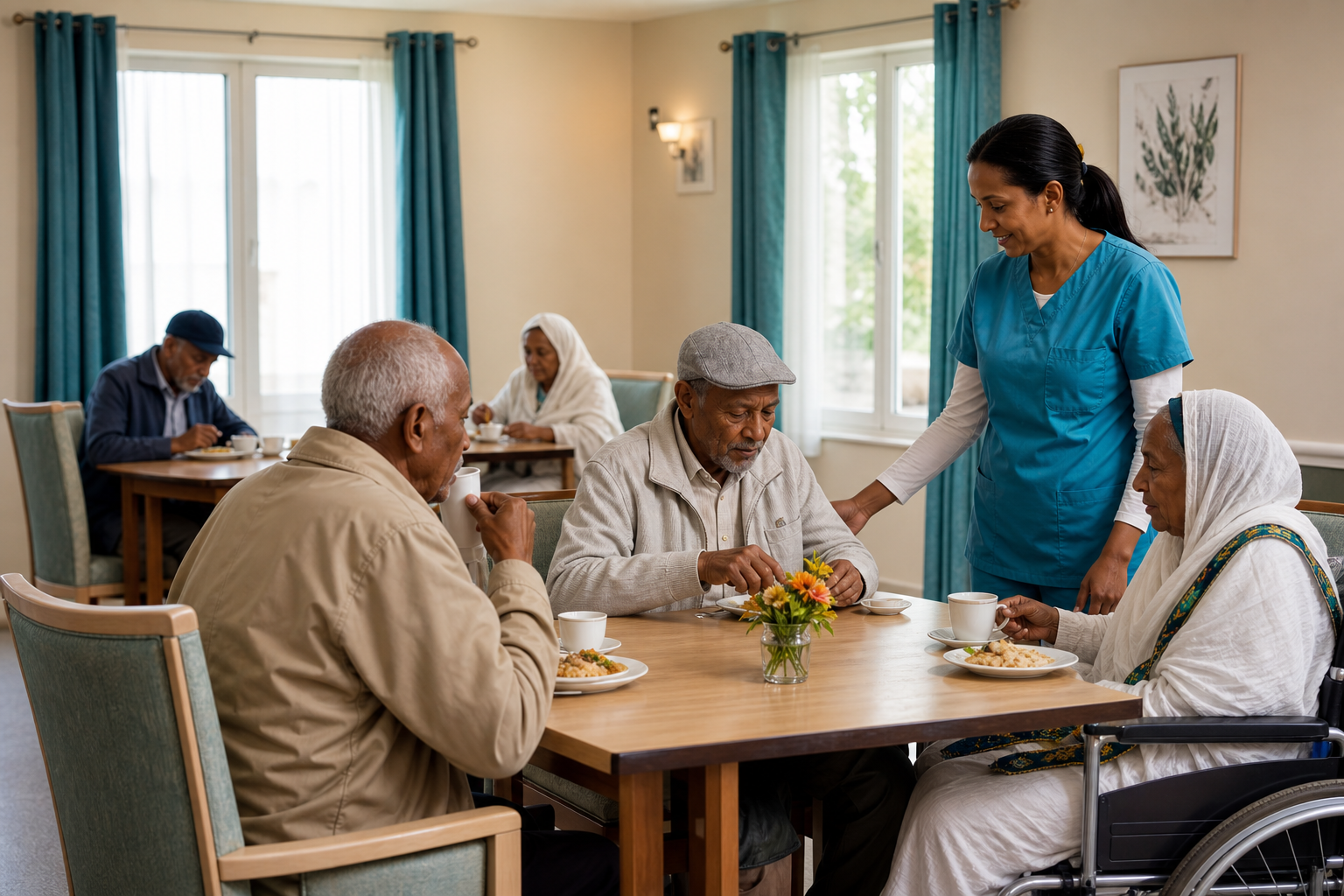 Nursing home dining area with modest tables and calm atmosphere