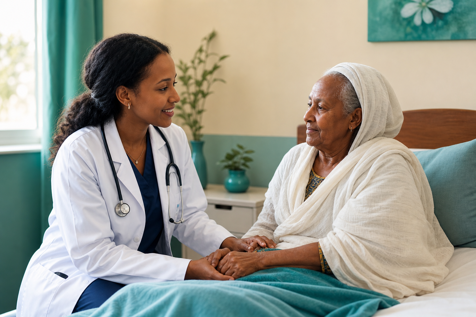 Doctor visiting an elderly patient in a nursing home room