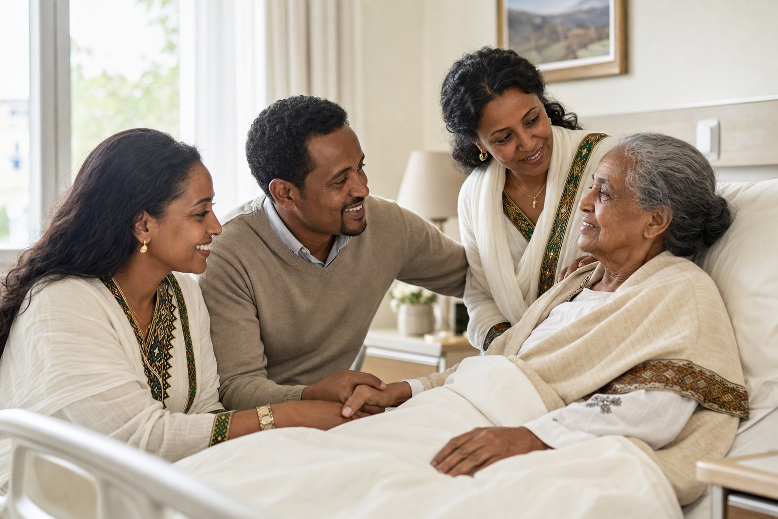 Family visiting an elderly patient in a nursing home