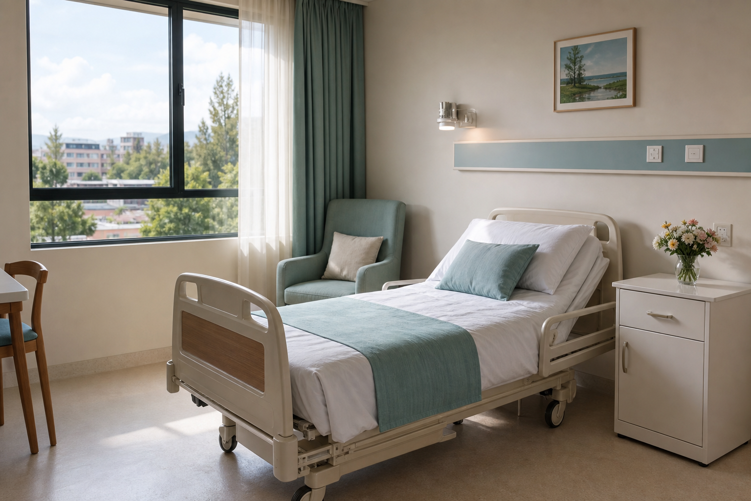 Clean nursing home patient room with adjustable bed and bedside cabinet