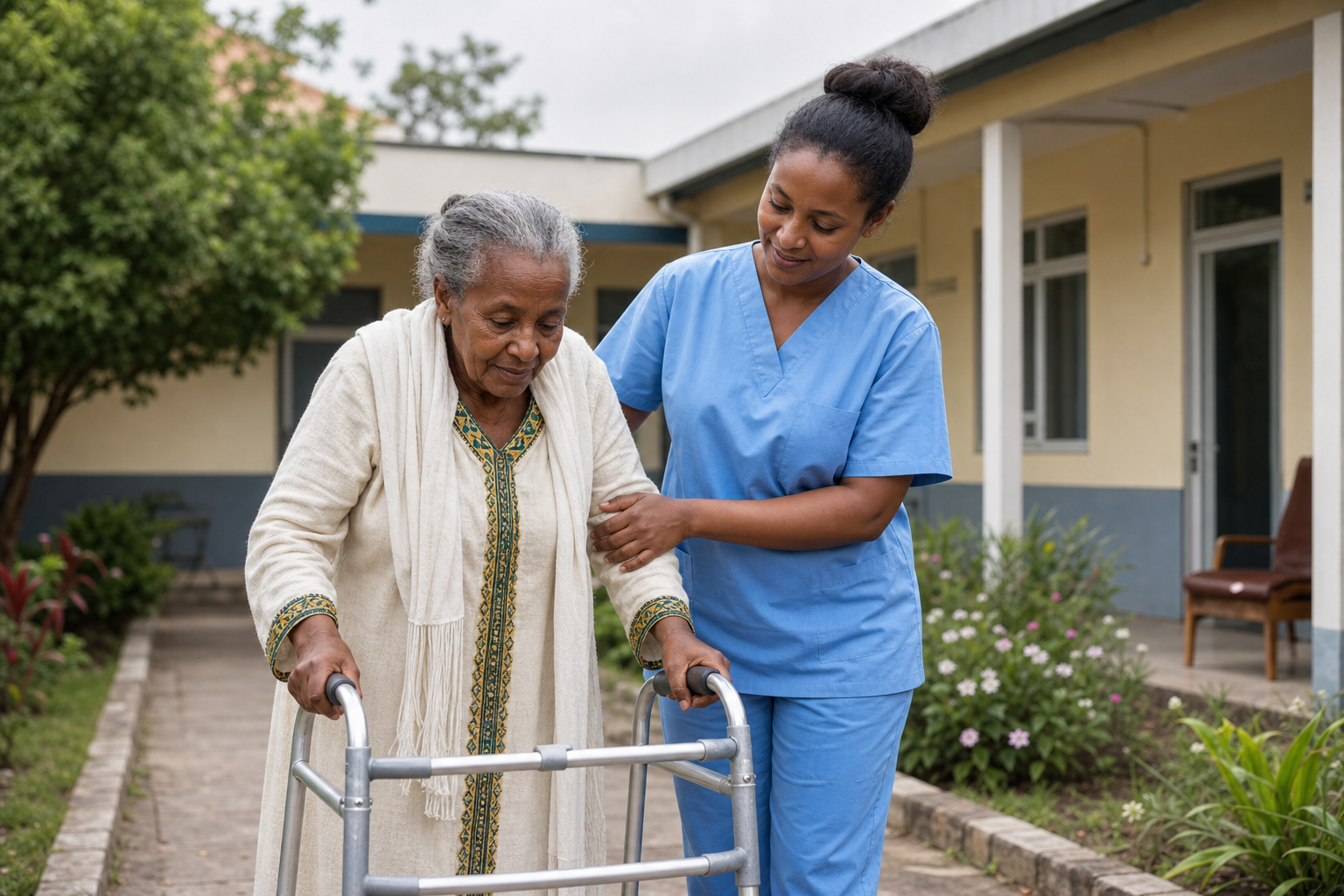Caregiver helping elderly patient walk with a walker