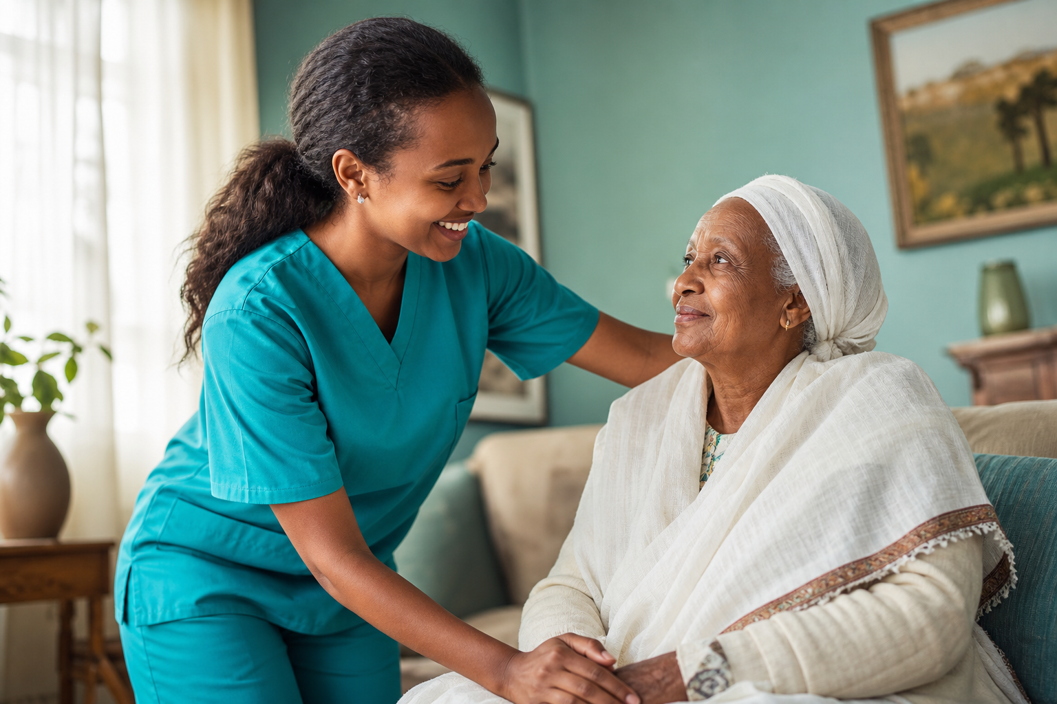 Caregiver assisting an elderly resident in a nursing home